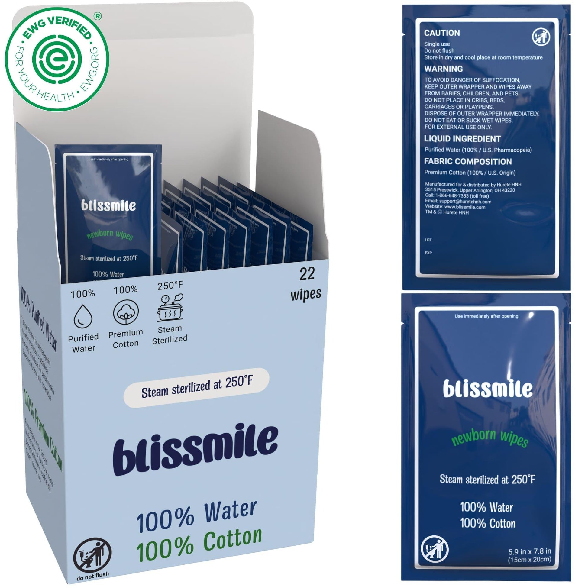 Blissmile Wipes With 100% Water - Unscented & Individually Wrapped